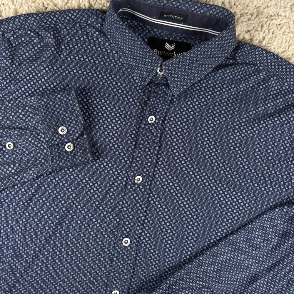 Buttercloth Men Button Down Shirt Large Blue Geometric Icy Cotton Stretch Luxury